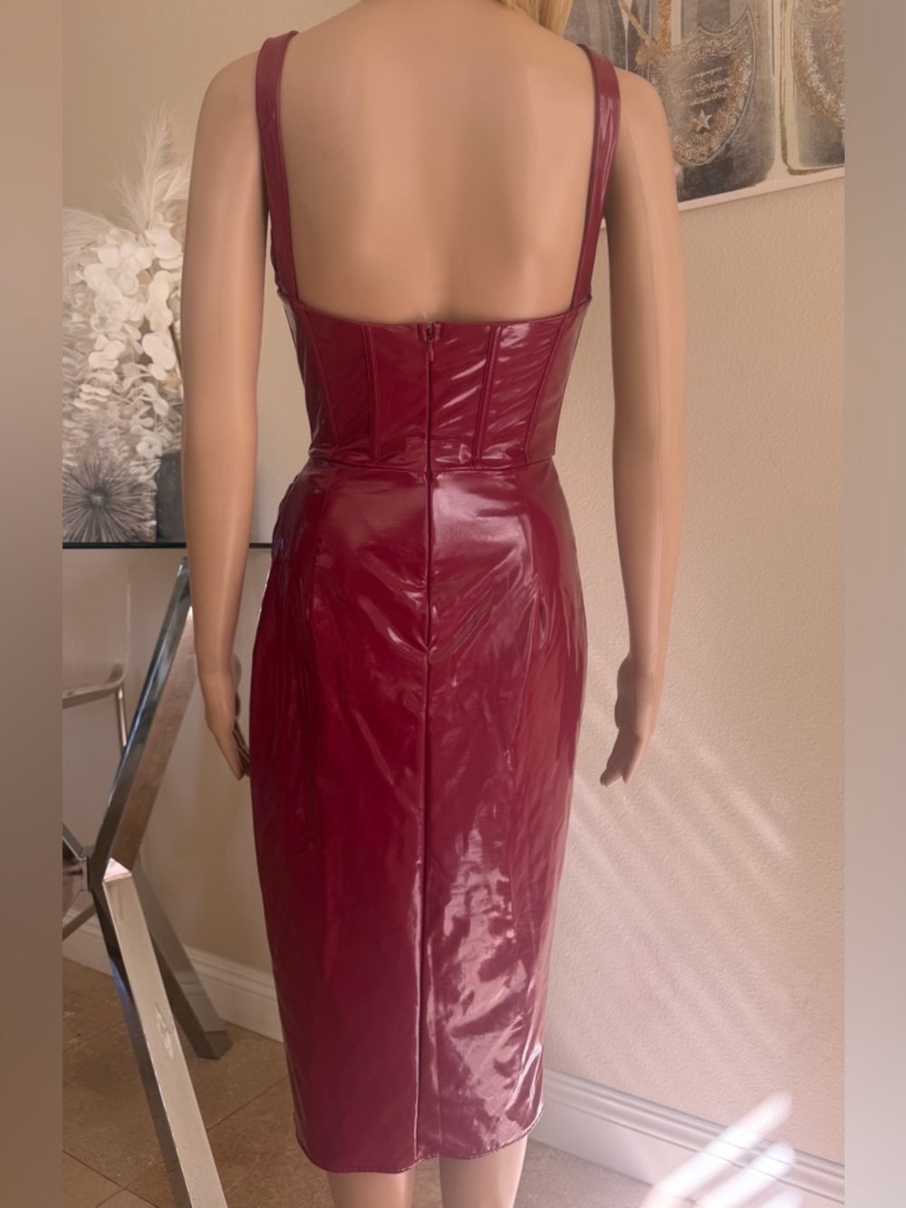 AKIRA Burgundy Faux Leather Plunge Midi Dress - Picture 6 of 7